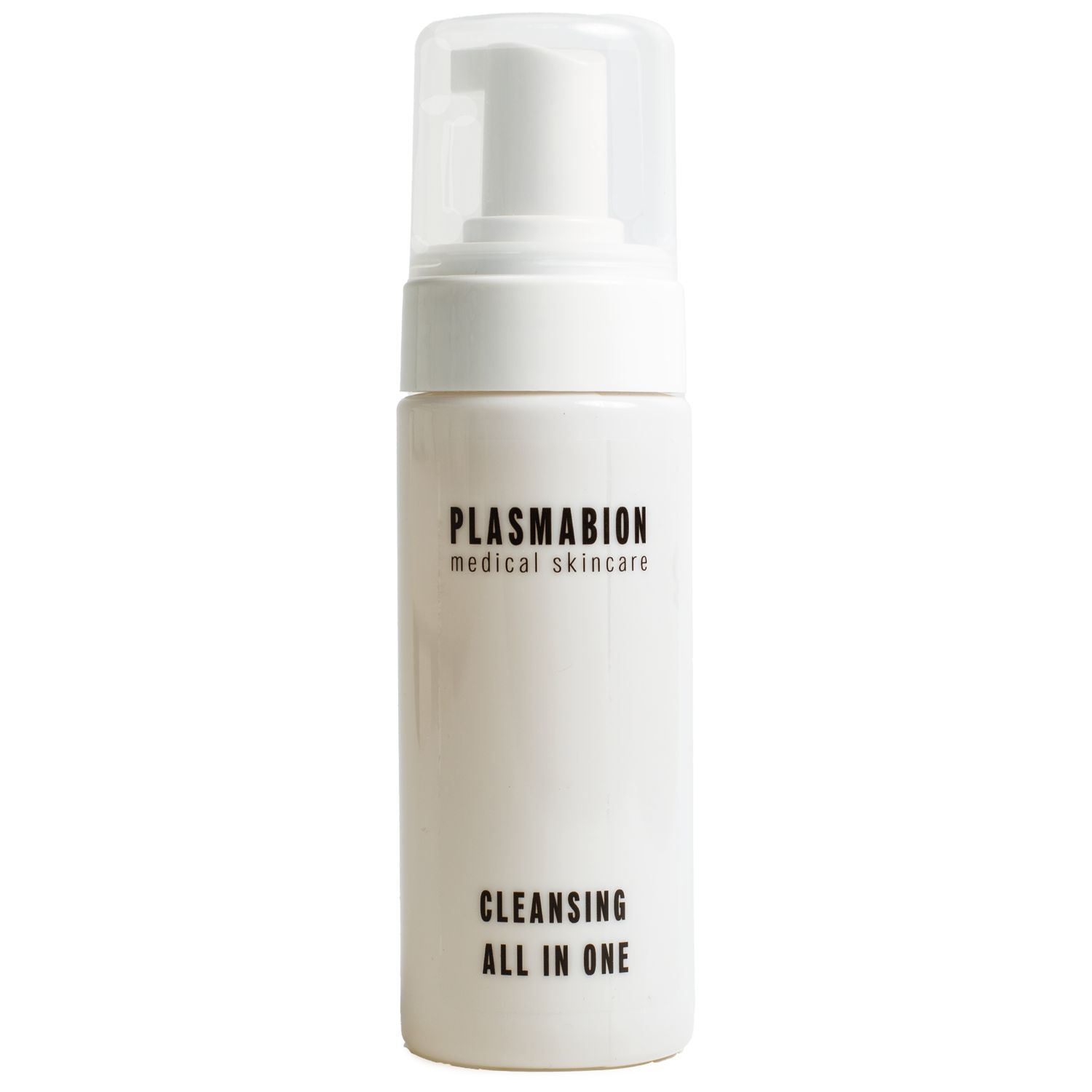 Weißer Flakon mit Pumpe. Aufschrift: PLASMABION medical skincare, CLEANSING ALL IN ONE.