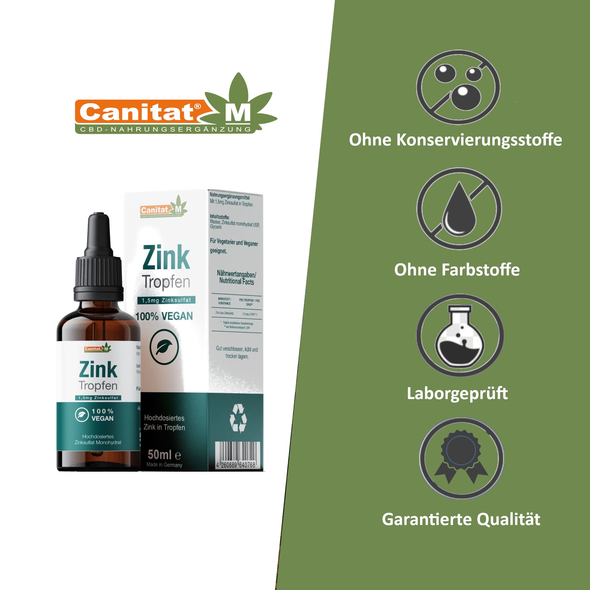 Produktflasche und Verpackung. Text: Ohne Konservierungsstoffe, Ohne Farbstoffe, Laborgeprüft, Garantierte Qualität. Logo: Canitat M.