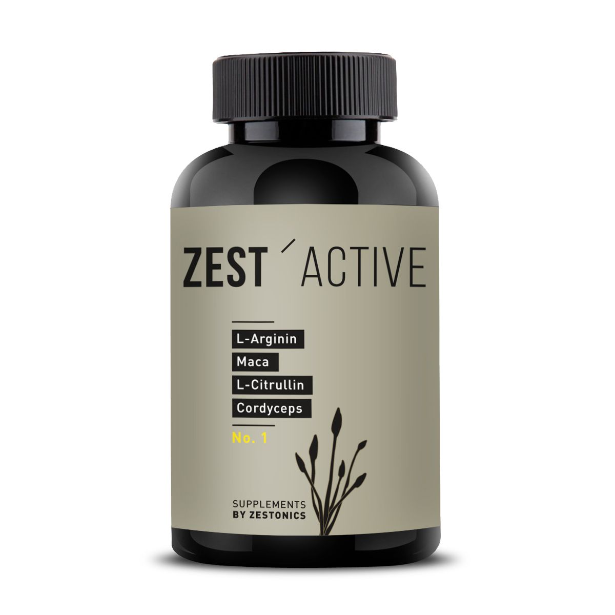ZEST'ACTIVE Nahrungsergänzungsmittel-Flasche mit L-Arginin, Maca, L-Citrullin, Cordyceps.