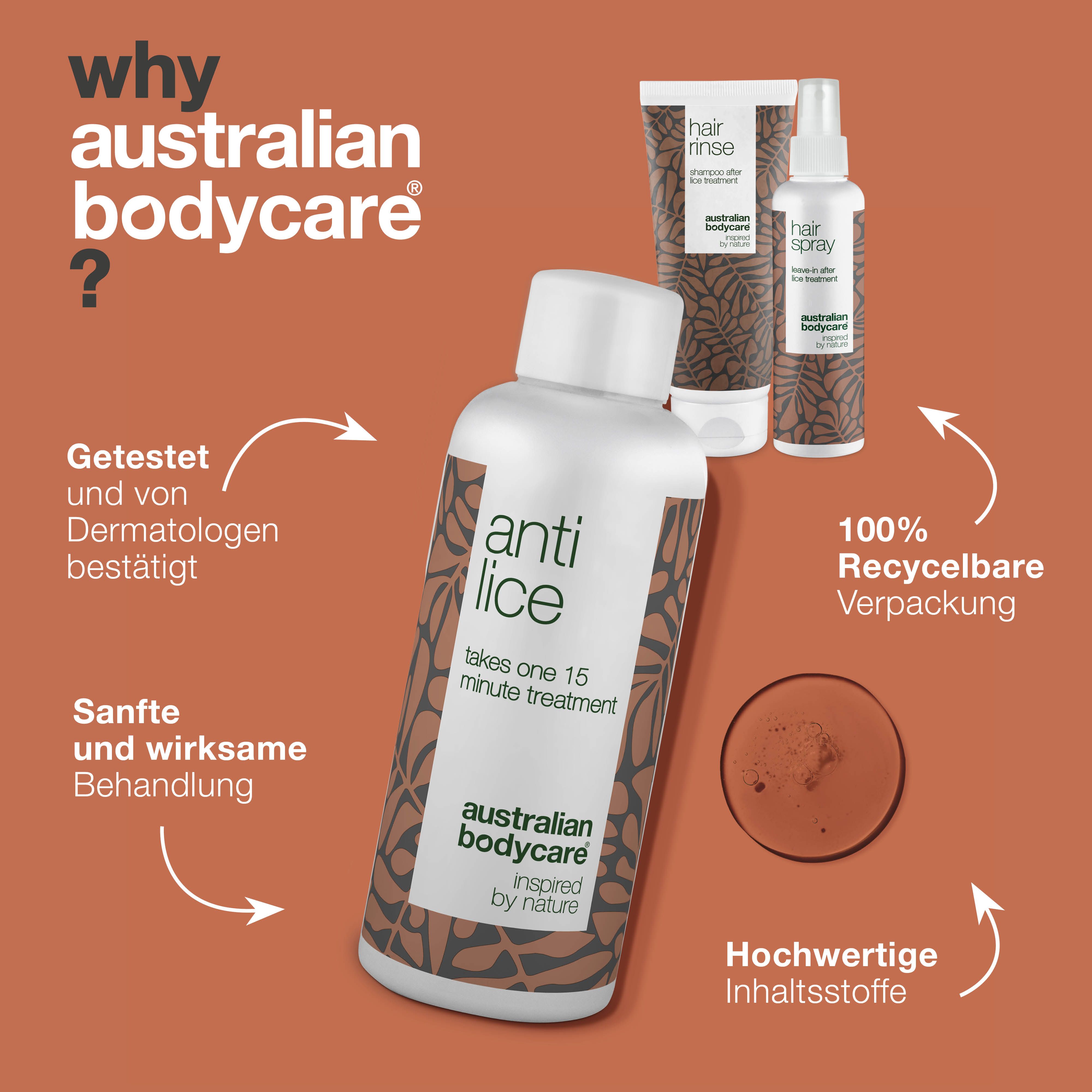 Drei Produkte: Hair Rinse, Hair Spray und Anti Lice. Text: Australian Bodycare. 100% recycelbare Verpackung.