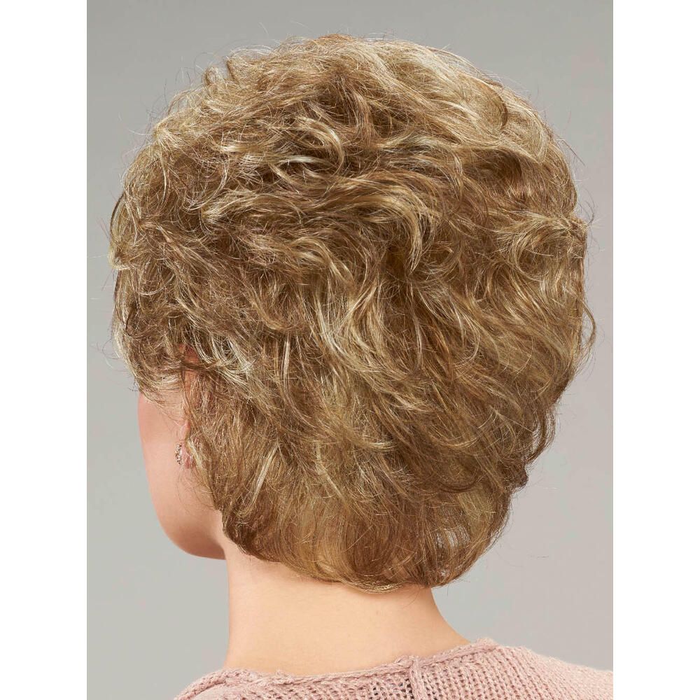 Perücke MONACO, blond, gewellt, Rückansicht. Kurzes, lockiges Haar. Hellblonder Farbton.