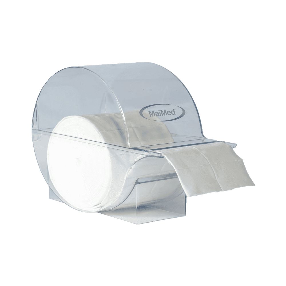Transparente Maicell-Box mit Rolle und entnommenen Tüchern. Auf der Box ist der Markenname MaiMed zu sehen.