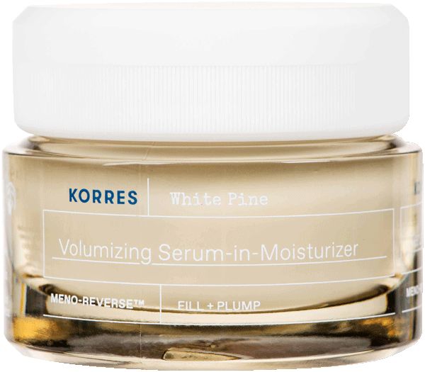 Glasbehälter mit weißem Deckel. Enthält Produktbezeichnung und Marke Korres. Enthält Text: Volumizing Serum-in-Moisturizer.