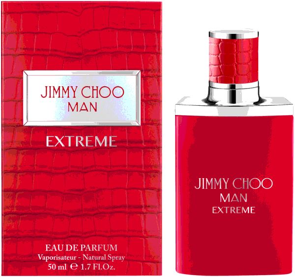 Rotes Parfümflakon und Verpackung. Aufschrift: JIMMY CHOO MAN EXTREME. Verpackung mit Krokodilmuster.
