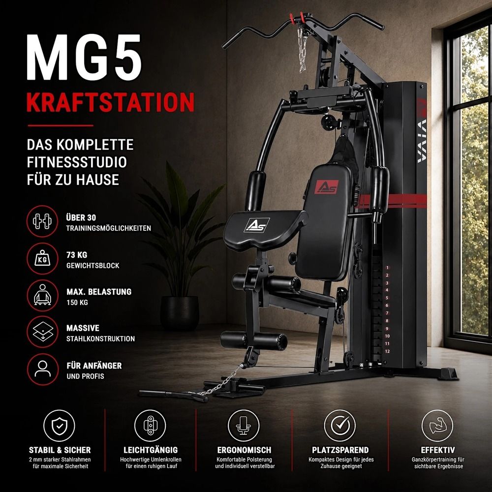 AsVIVA Kraftstation MG5: Kompaktes Fitnessstudio für zu Hause mit über 30 Übungsmöglichkeiten.