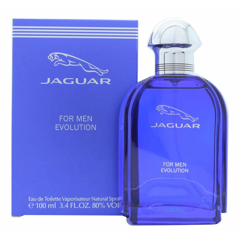 Blaues Parfümflakon und Schachtel. Aufschrift: Jaguar, For Men Evolution. Logo: springender Jaguar. Flakon: silberner Verschluss.