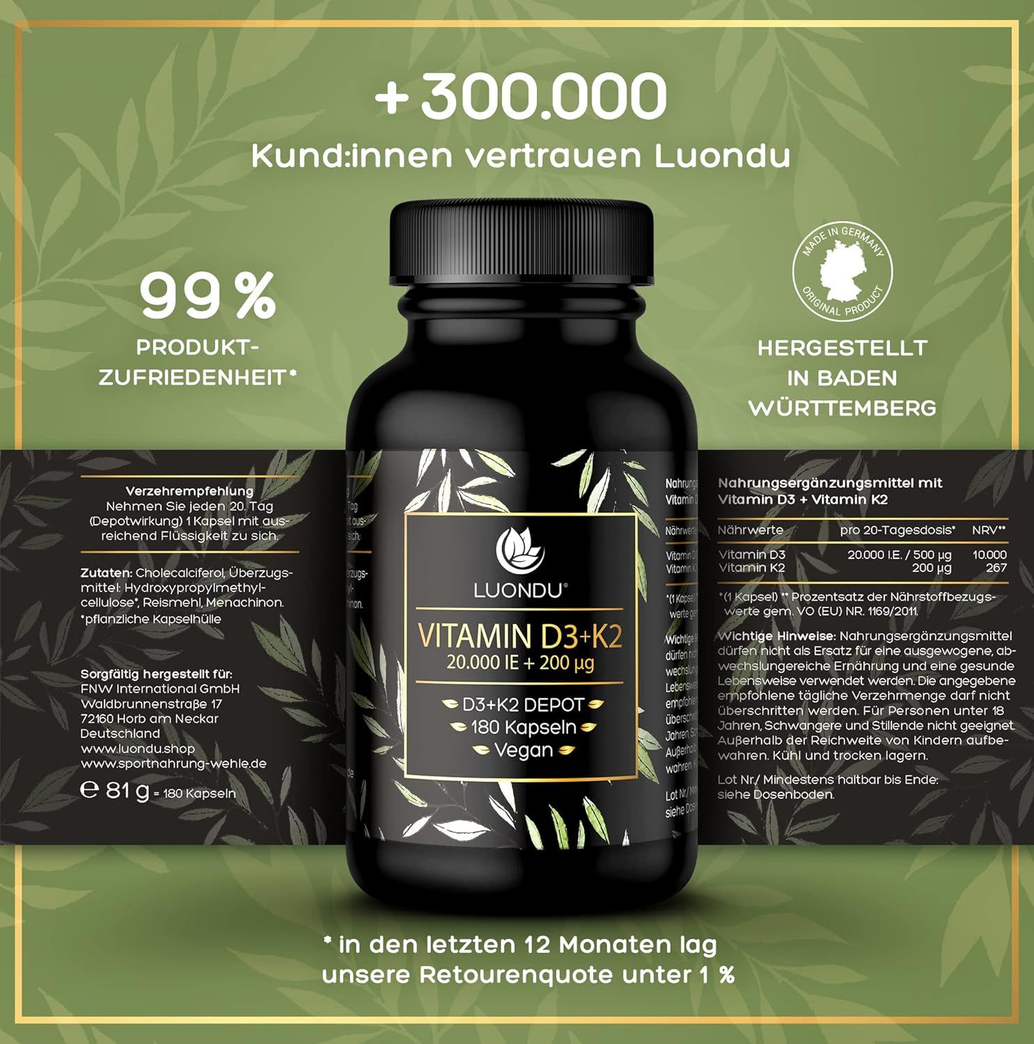 Vitamin D3 20000 I.E. 200 mcg Vitamin K2 Kapseln Luondu