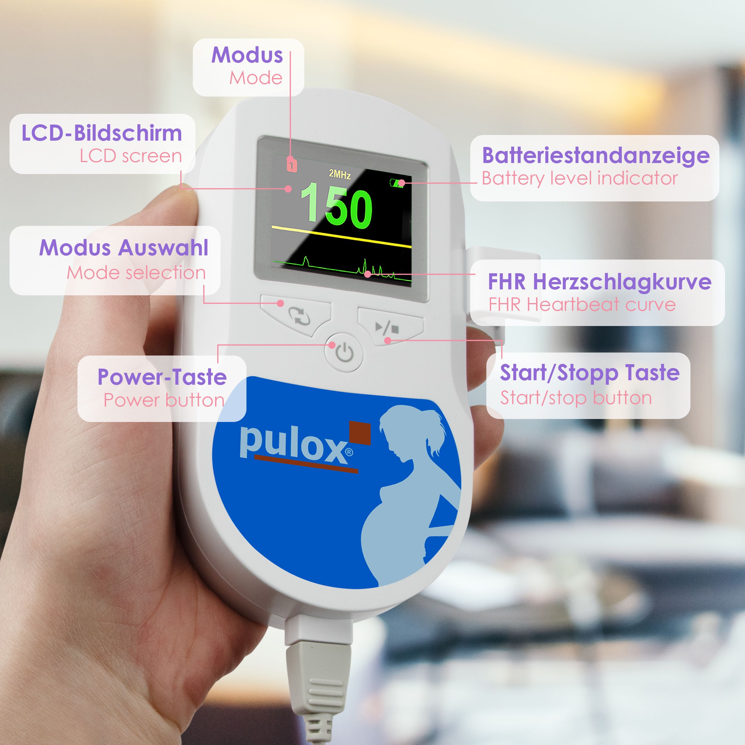 Hand gehaltenes Fetal Doppler Gerät. Weißes Gerät mit Display, Tasten und Produktlogo. Beschriftungen: Modus, Batterie, Herzschlagkurve.