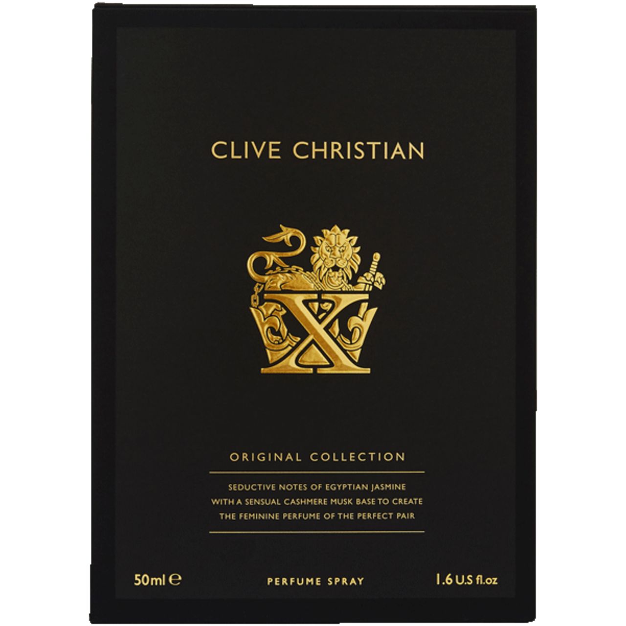Schwarze Verpackung mit goldenem Logo und Text. "Clive Christian, X Feminine Perfume Spray".