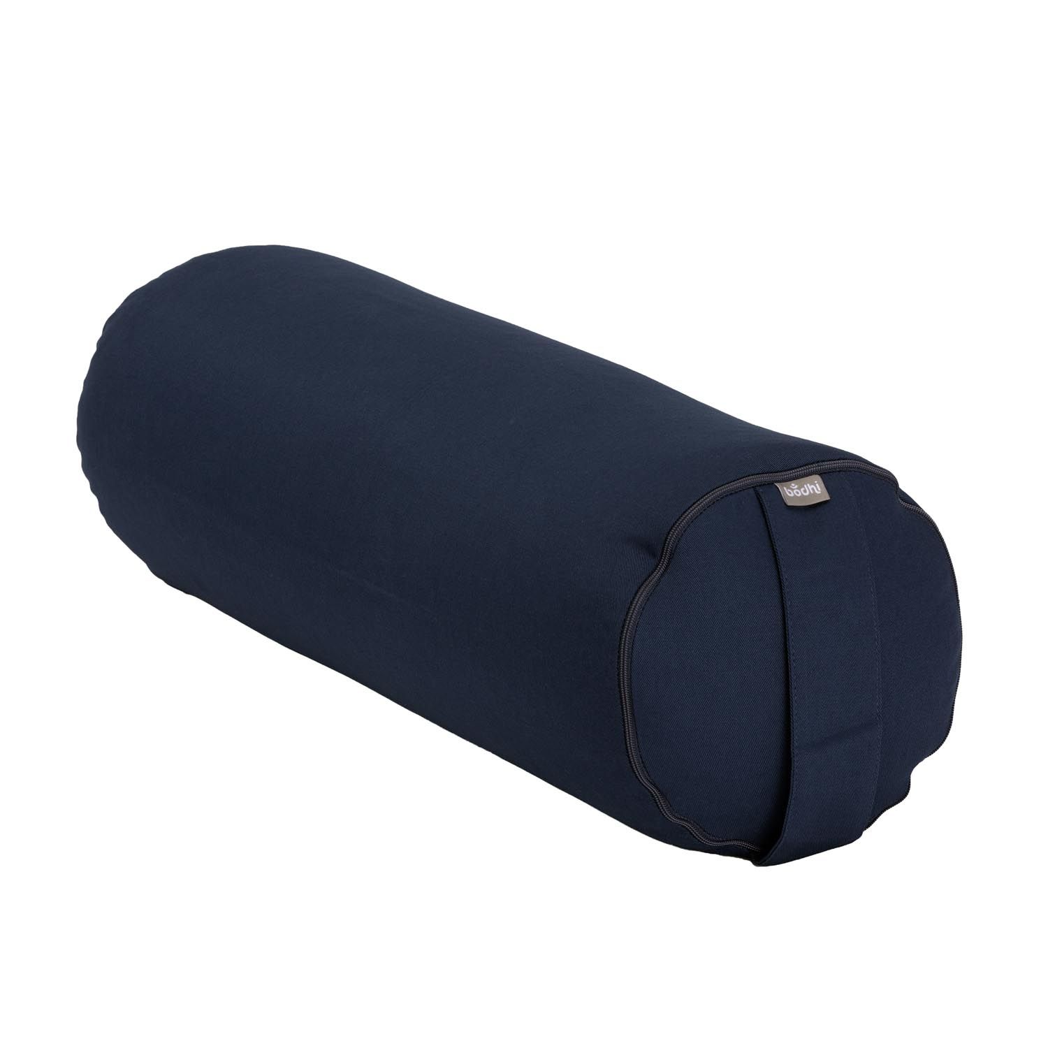 Blaues Yoga-Bolster mit Logo. Zylindrische Form, abgerundete Enden, Trageschlaufe.