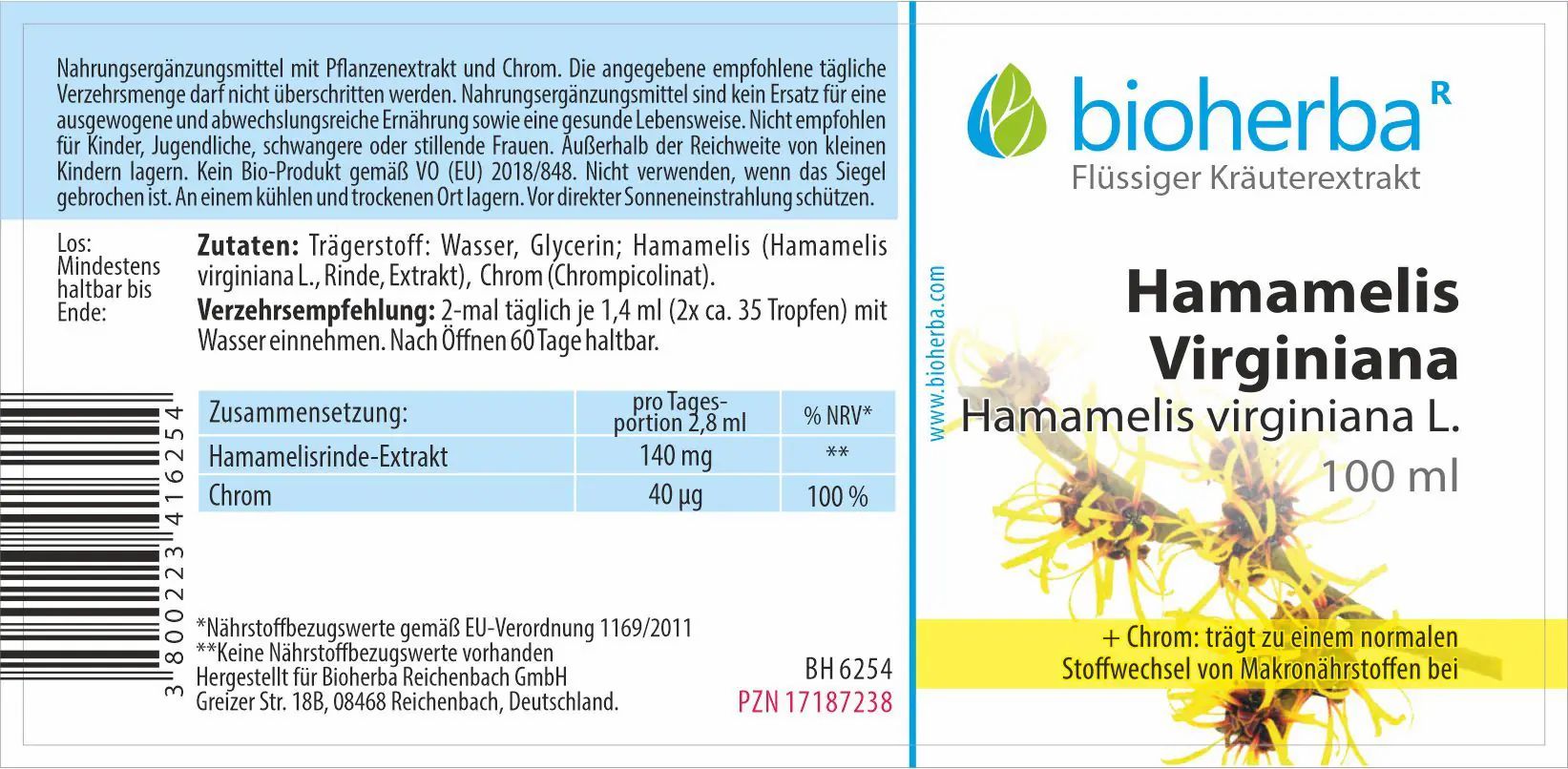 Etikett mit Produktinformationen. Bioherba Hamamelis Virginiana, Kräuterextrakt. Zutaten, Verzehrempfehlung, Nährwertangaben.