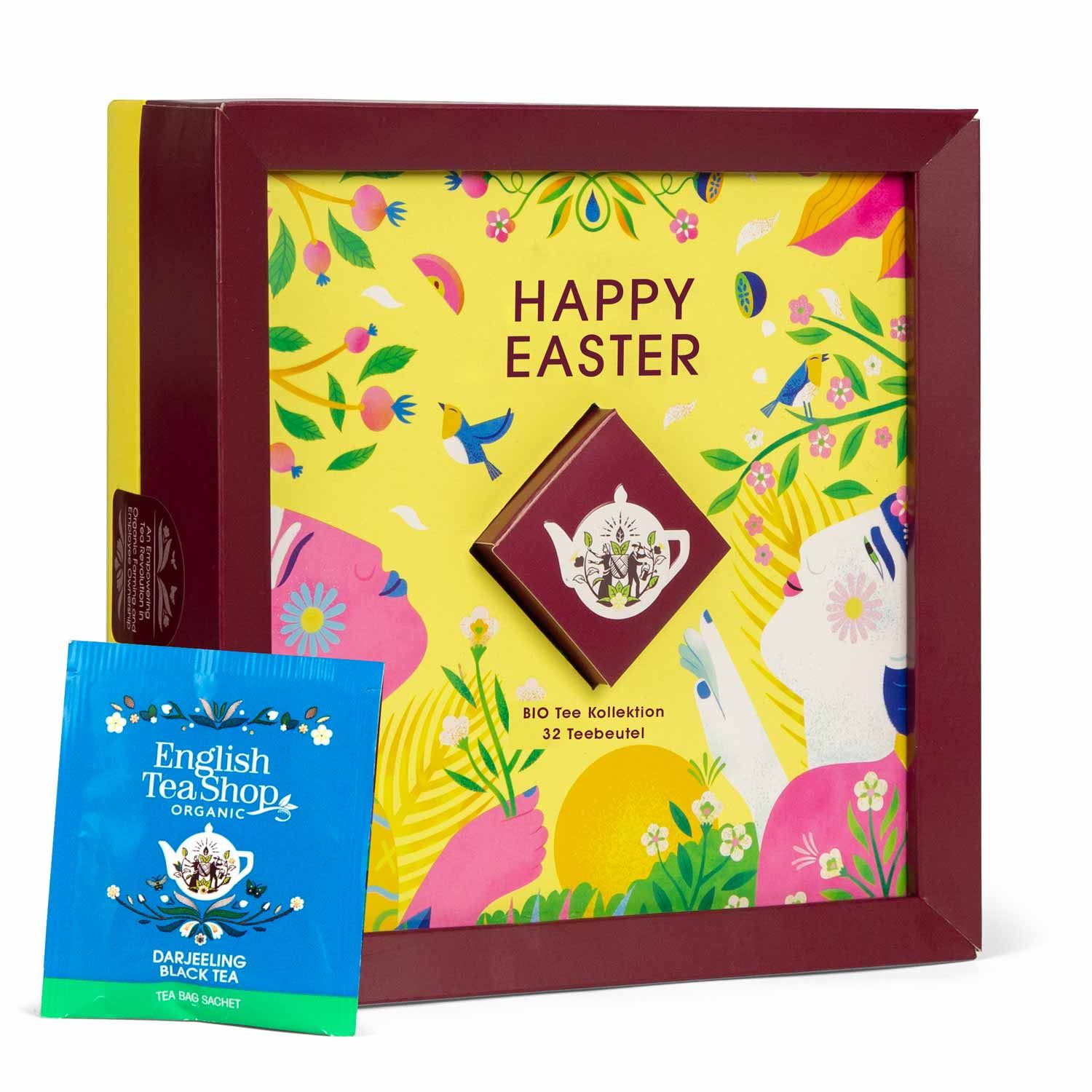 Geschenkbox "Happy Easter" mit Teebeutel. Bio-Siegel. Einzelner Teebeutel mit Markenlogo.