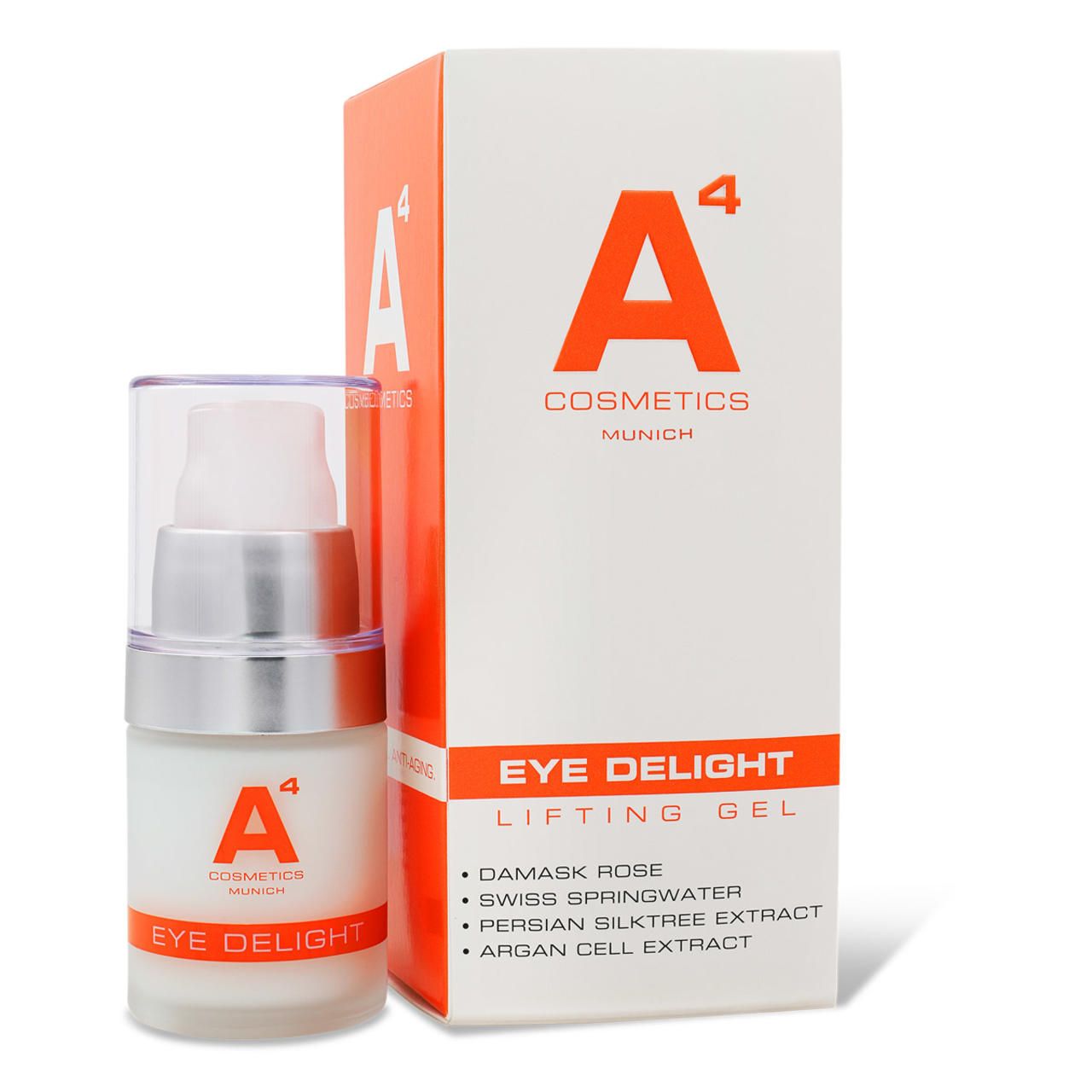 A4 Cosmetics Eye Delight Flasche und Verpackung. Weißes Fläschchen, silberner Deckel, orangefarbene Schrift.