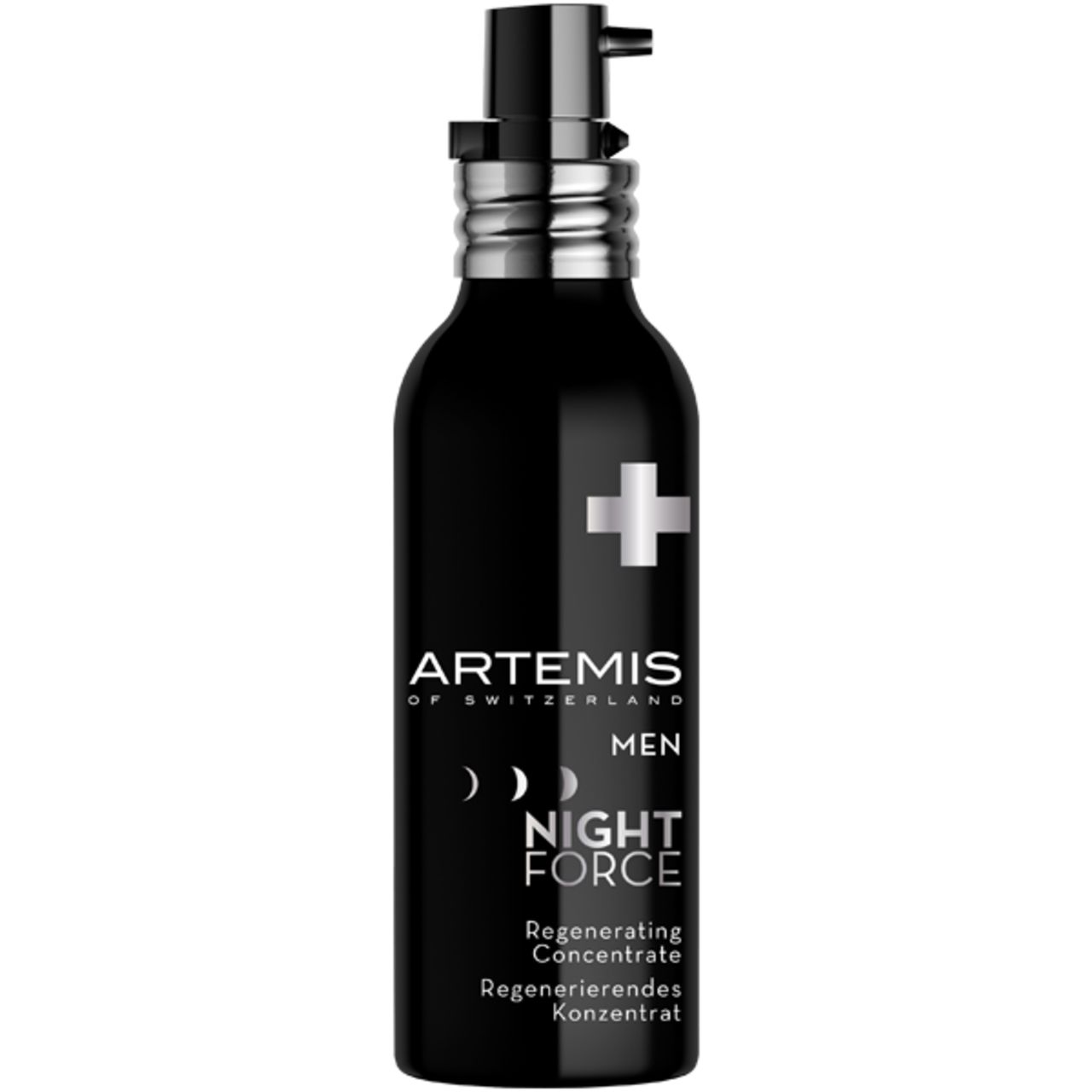 Schwarze Flasche mit silbernem Pumpkopf und weißem Kreuz. Aufschrift: ARTEMIS, NIGHT FORCE, MEN. Regenerierendes Konzentrat.