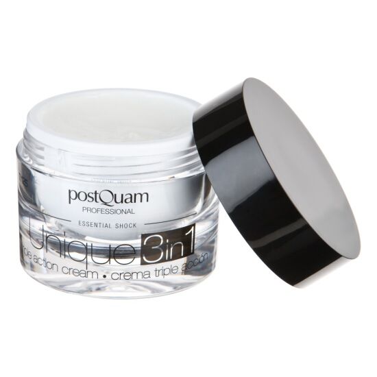 Creme-Glas mit schwarzem Deckel. Aufschrift: Postquam Professional, Unique 3in1. Dreifach-Wirkungs-Creme. Deckel geöffnet.