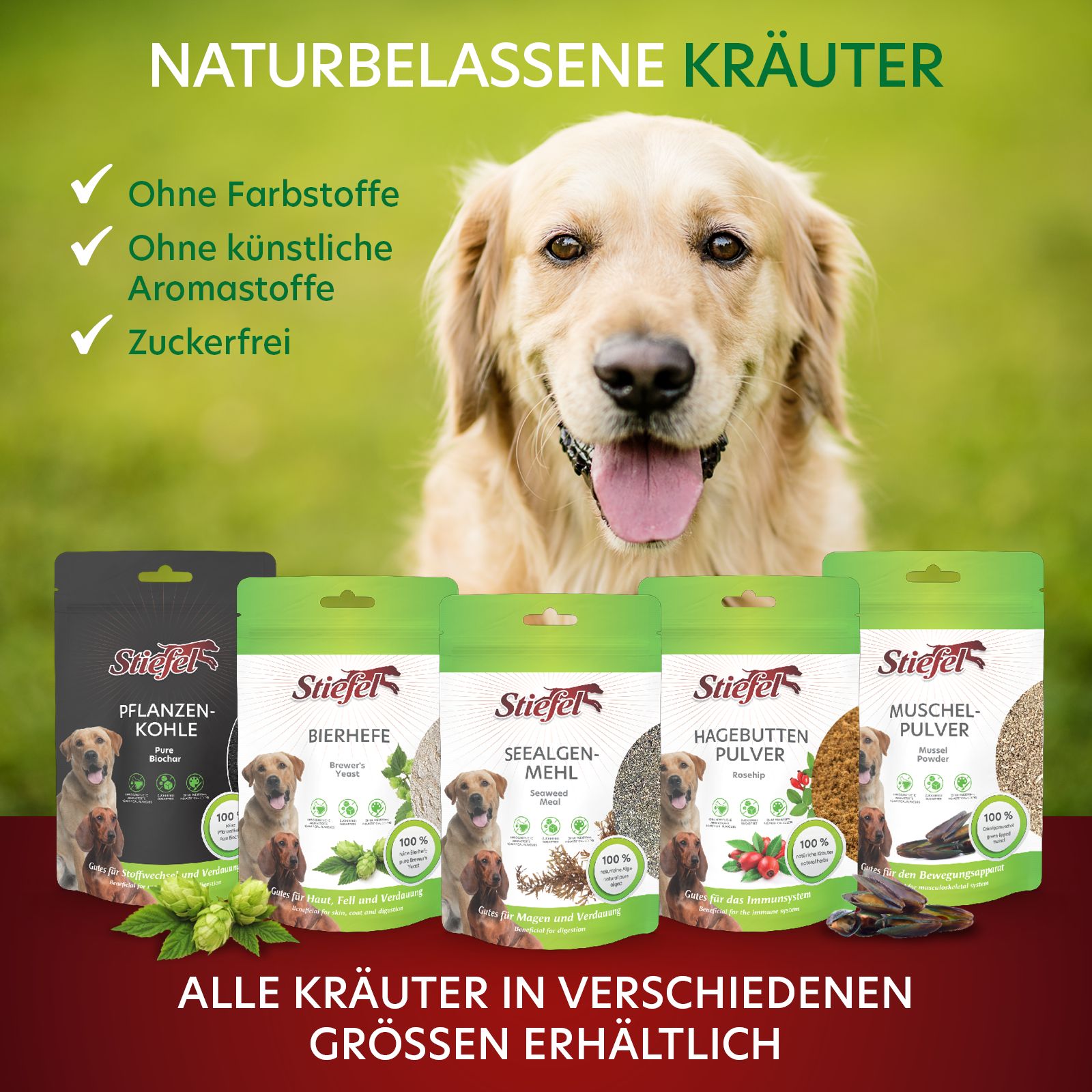Mehrere Beutel Stiefel-Produkte, darunter Hagebuttenpulver. Hundeabbildung, Text: Ohne Farbstoffe, Ohne künstliche Aromastoffe, Zuckerfrei.