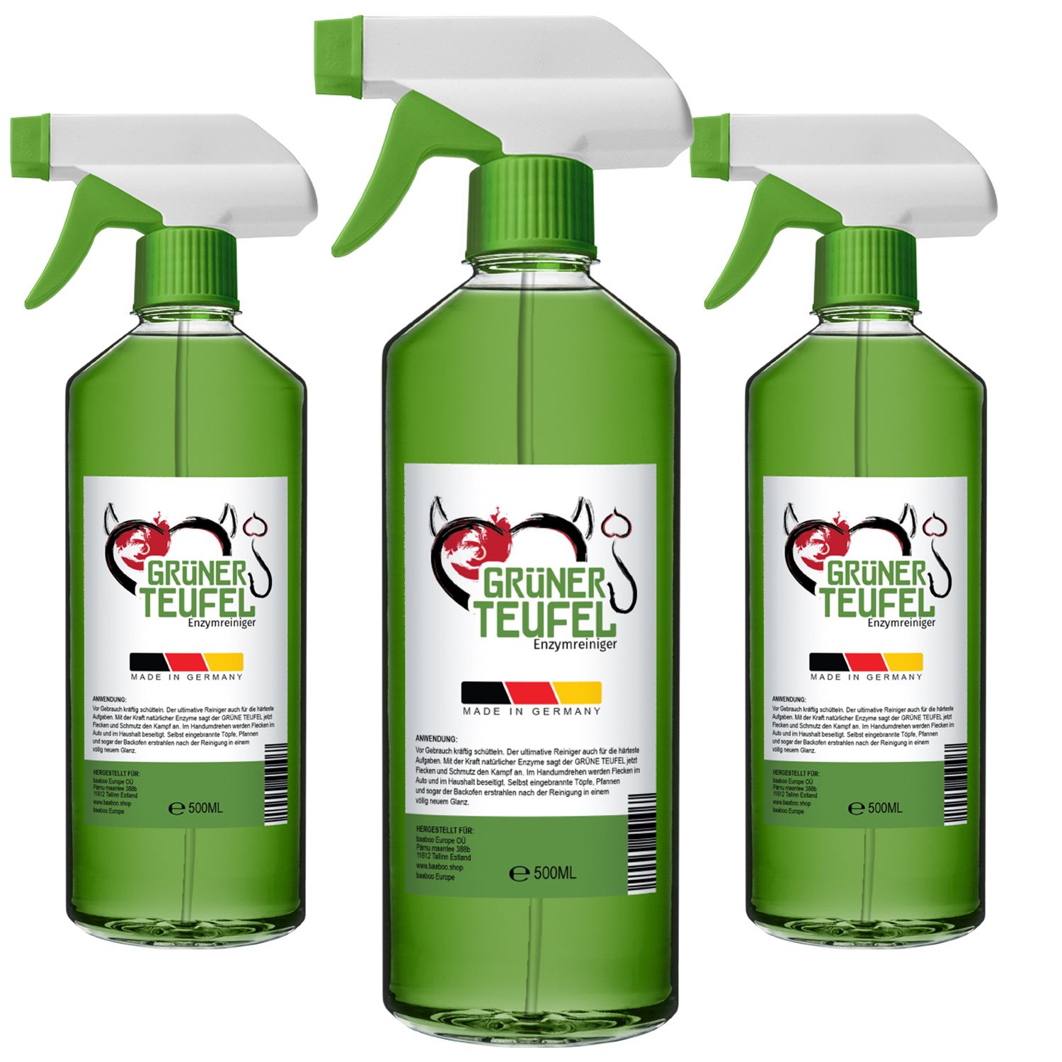 Drei grüne Flaschen mit Sprühköpfen. Etikett mit Logo und Text. "Made in Germany" Flagge. 500ml.