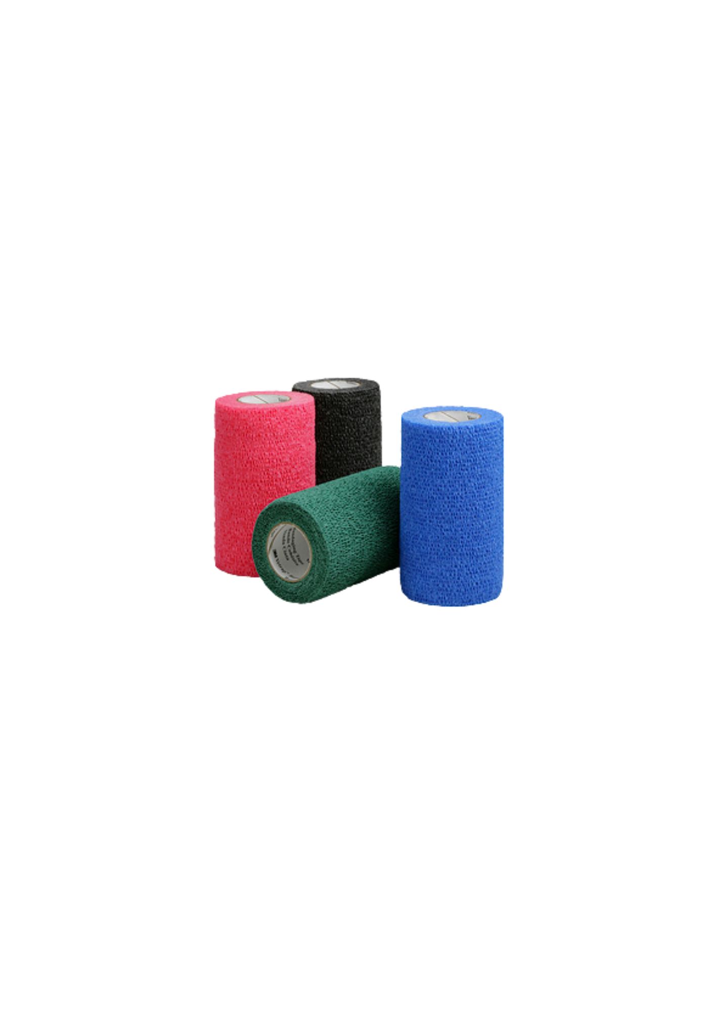 Mehrfarbige Bandagenrollen. Grün, blau, rot und schwarz. Aufschrift auf einer Rolle.