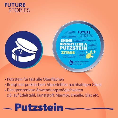 Runde Dose mit Putzstein. Text: Shine bright like a Putzstein ZITRUS. Für fast alle Oberflächen.
