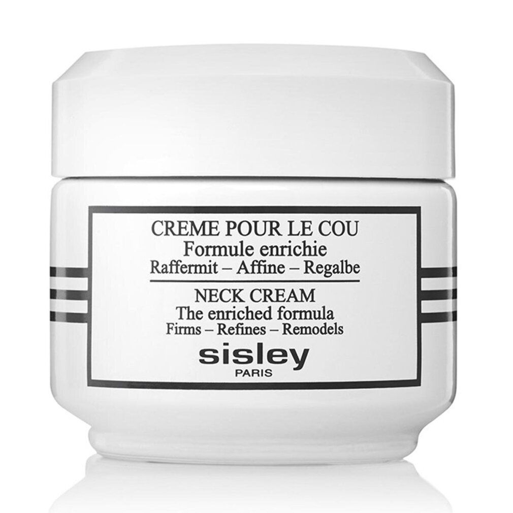 Weiße Creme-Dose mit schwarzer Schrift. Aufschrift: Crème pour le Cou, Neck Cream, Sisley Paris. Schwarze Streifen.