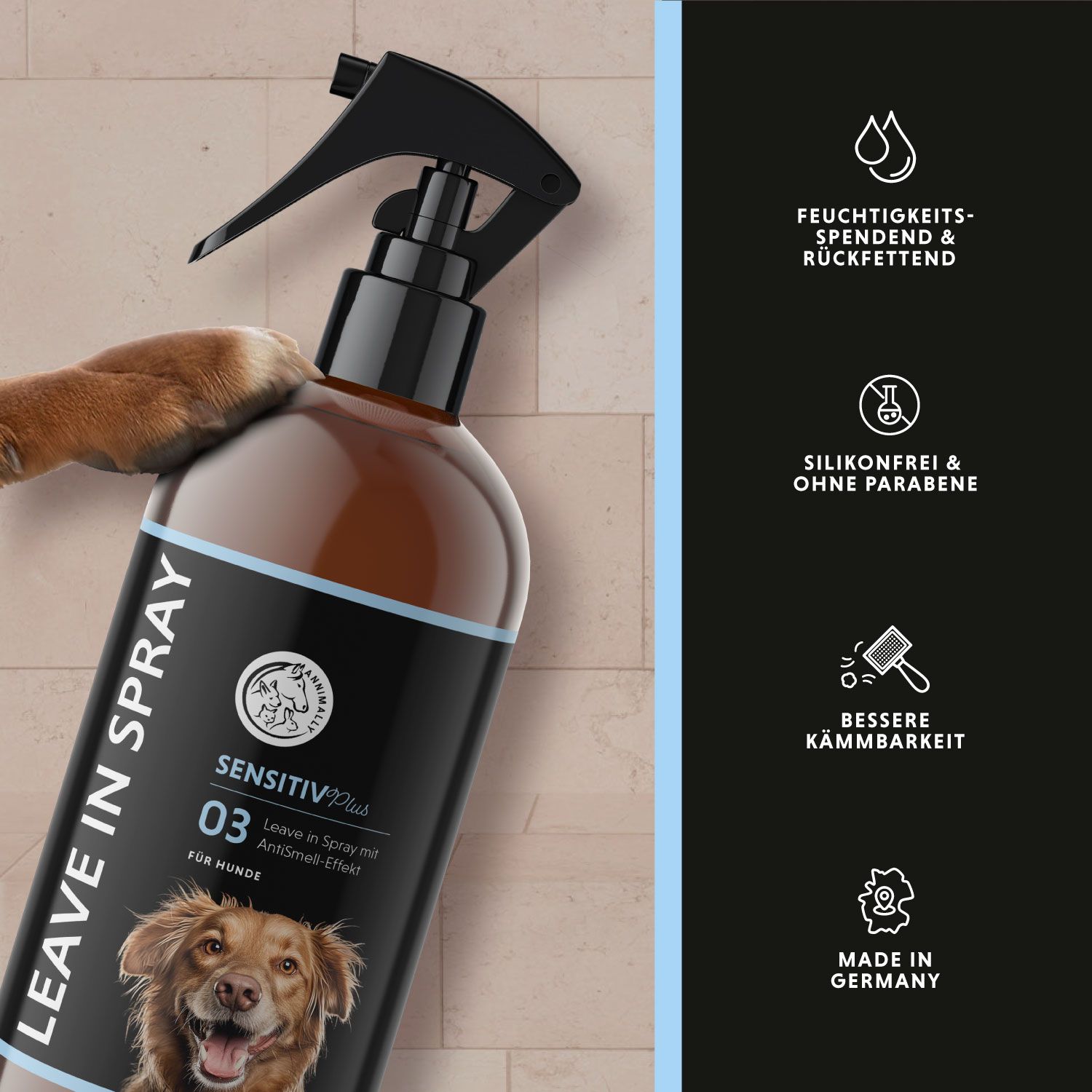 Braune Sprühflasche mit schwarzem Sprühkopf. Etikett mit Produktnamen, Hundefoto und Text. Icons und Text.
