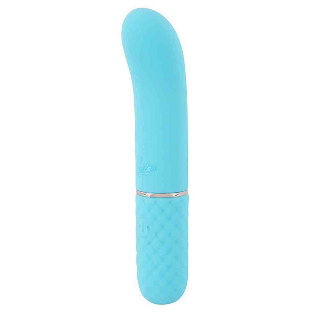 Türkisfarbener Vibrator mit gebogener Form. Unterteil mit Rautenmuster, goldfarbener Ring.