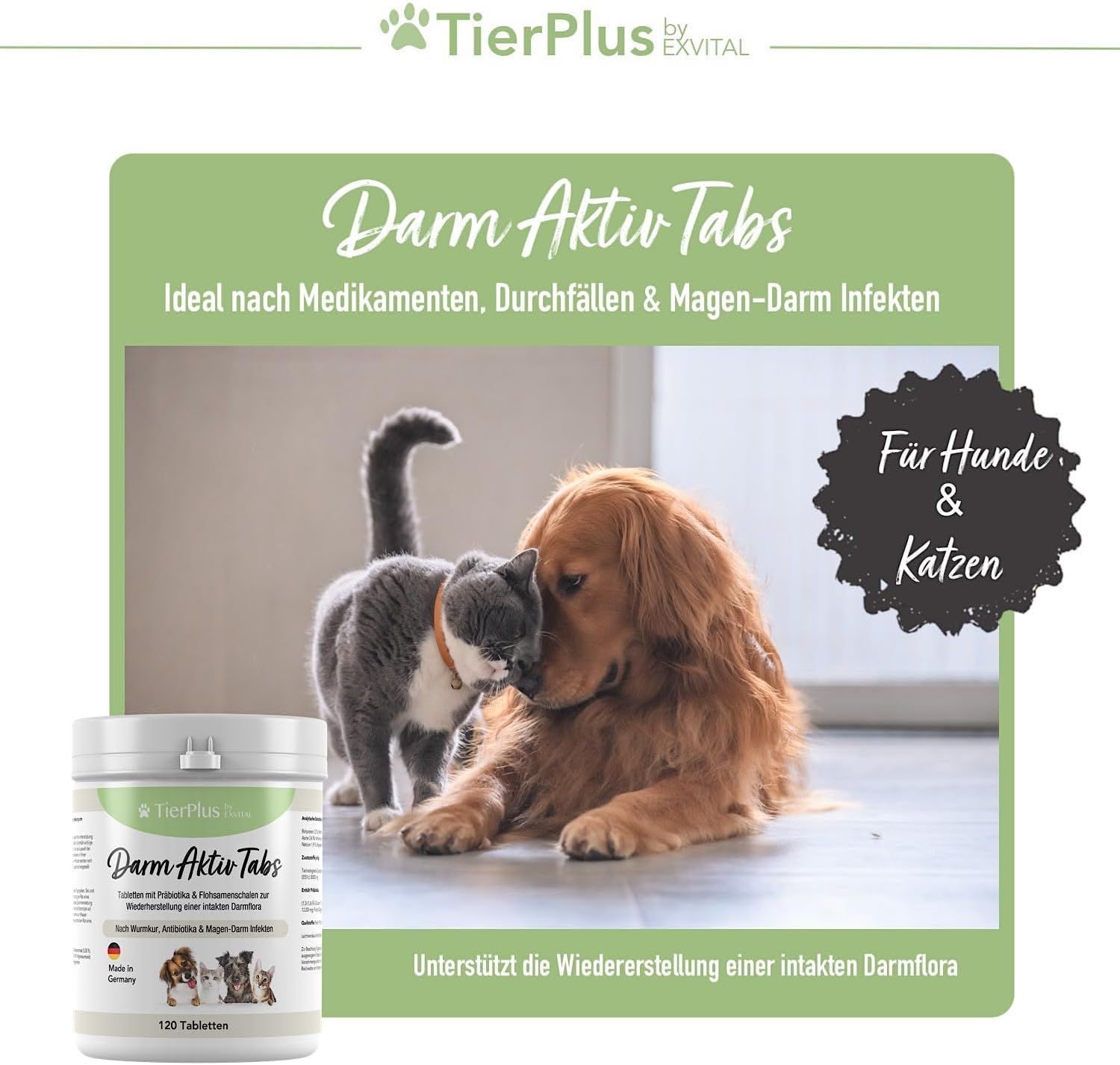 EXVital® TierPlus Darm Aktiv Tabletten für Hunde & Katzen, Präbiotika Komplex