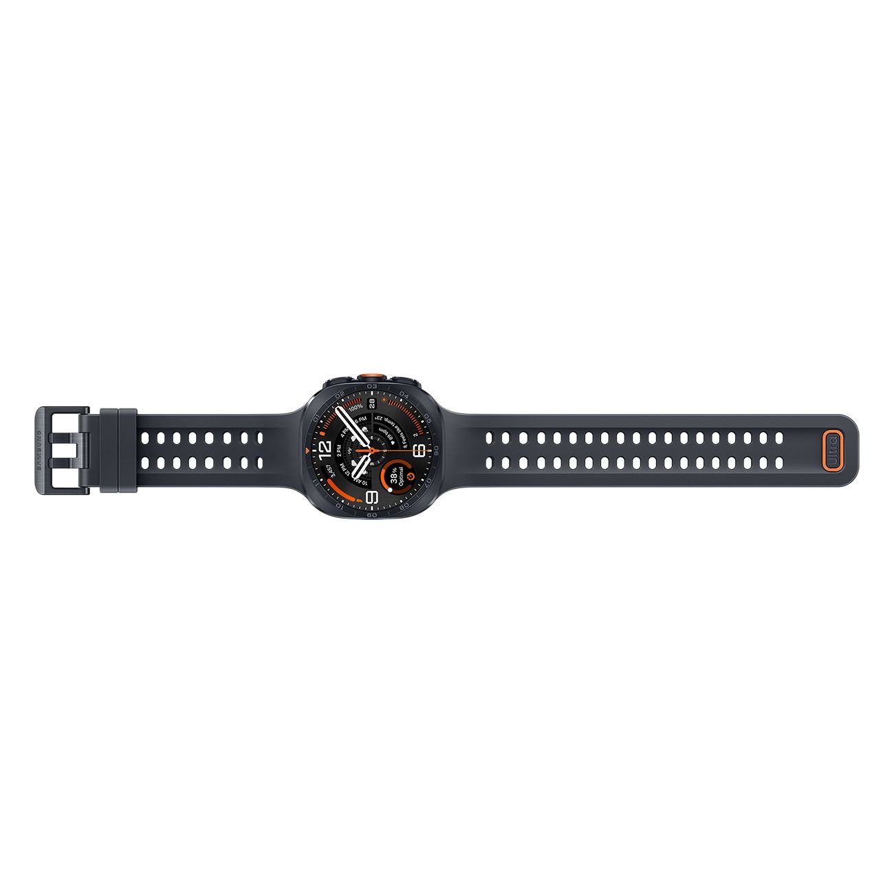 Dunkelgraue Smartwatch mit schwarzem Armband und orangefarbenen Akzenten auf dem Zifferblatt.