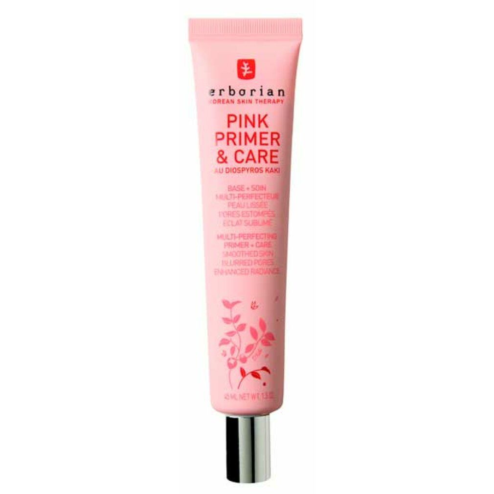 Rosa Tube mit silberner Kappe. Erborian Pink Primer & Care. Text und Logo. 1.5 oz.