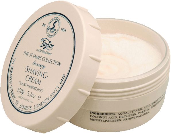 Beige Rasiercreme-Tiegel, Deckel geöffnet. Aufschrift: Taylor of Old Bond Street, The St James Collection, Luxury Shaving Cream.