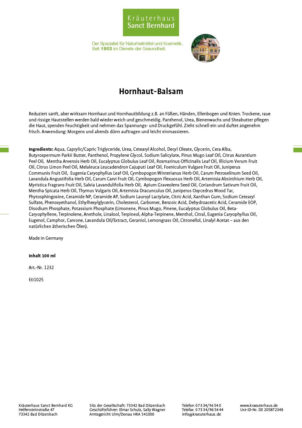 Zwei weiße Tiegel mit "Hornhaut-Balsam"-Aufschrift. Ein Tiegel geöffnet, Deckel daneben. Produktetikett sichtbar.