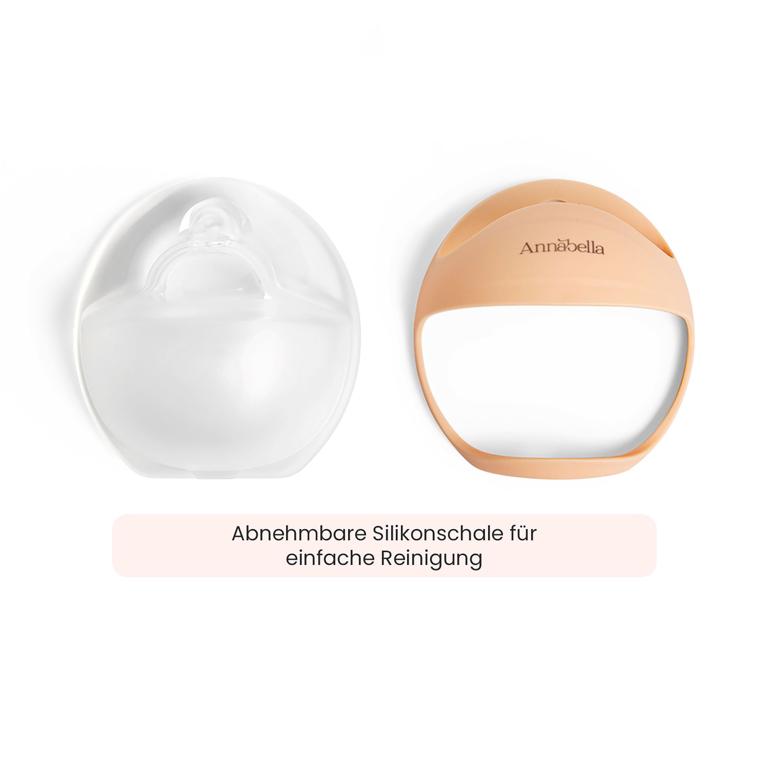 Zwei Teile der Brustpumpe: Auffangschale und Silikonschale. Text: Abnehmbare Silikonschale für einfache Reinigung.