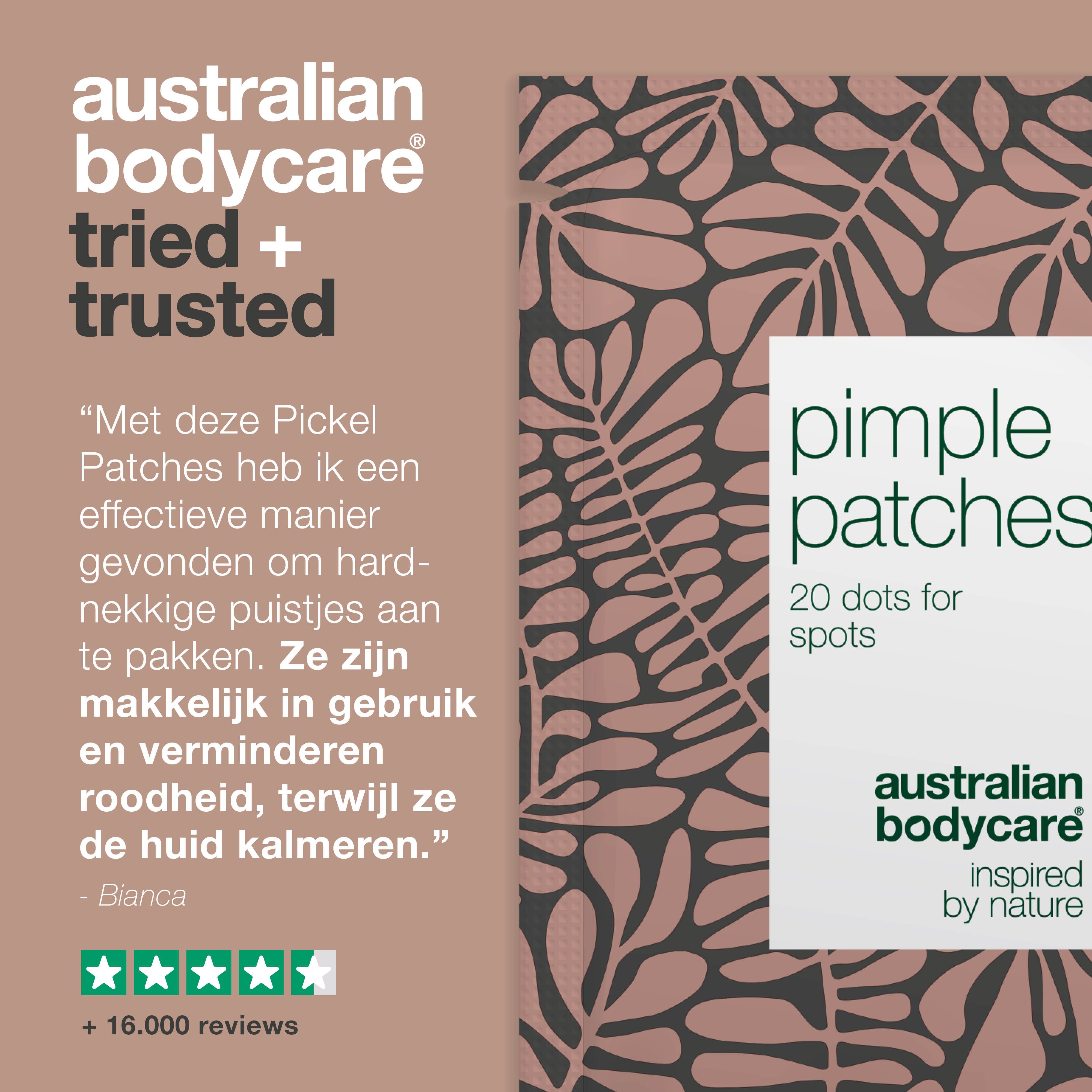 Collage met mensen die producten gebruiken. Tekst: Australian Bodycare Skincare since 1990. +100.000 Happy Customers.