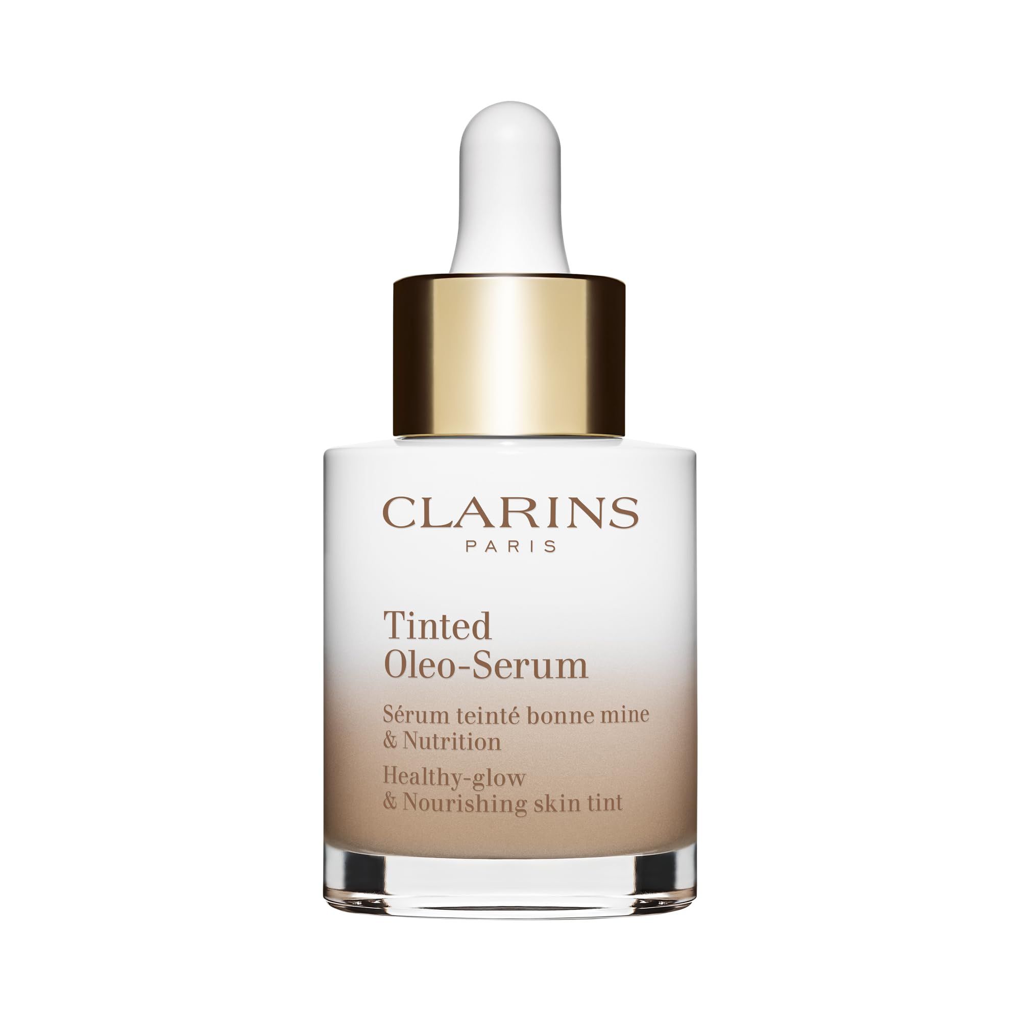 Flakon mit Pipette. Aufschrift: Clarins Paris, Tinted Oleo-Serum. Text: Sérum teinté bonne mine & Nutrition, Healthy-glow & Nourishing skin tint.