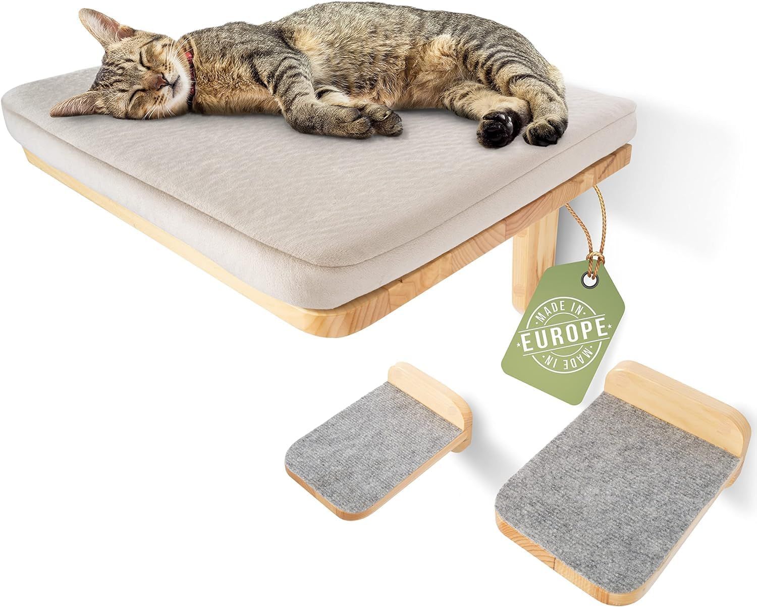 WOOWOOD® Kletterwand für Katzen aus Massivholz inkl. 2 Katzentreppen und Katzenbett