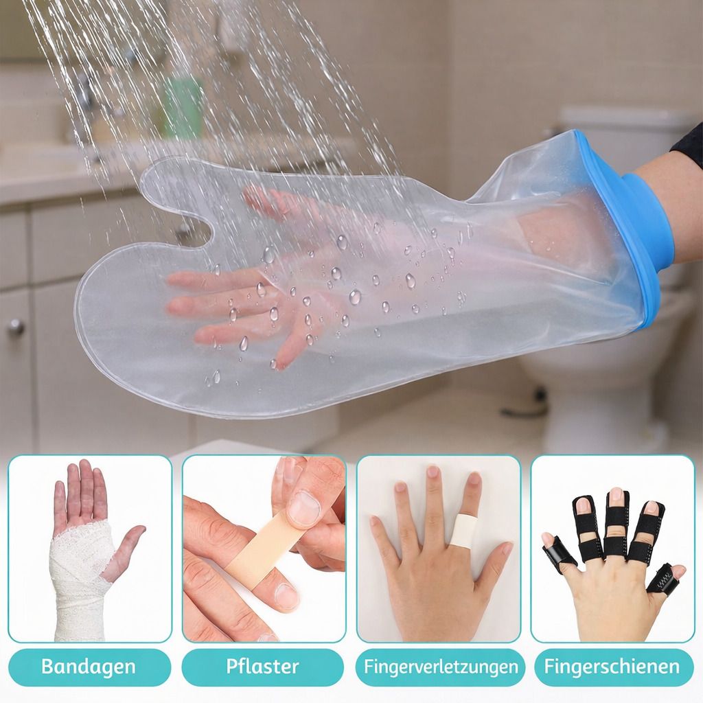 Transparente Hand-Duschschutzhülle mit blauem Ring. Hand in Hülle unter Wasserstrahl. Darunter Abbildungen von Verbänden und Fingerverletzungen.