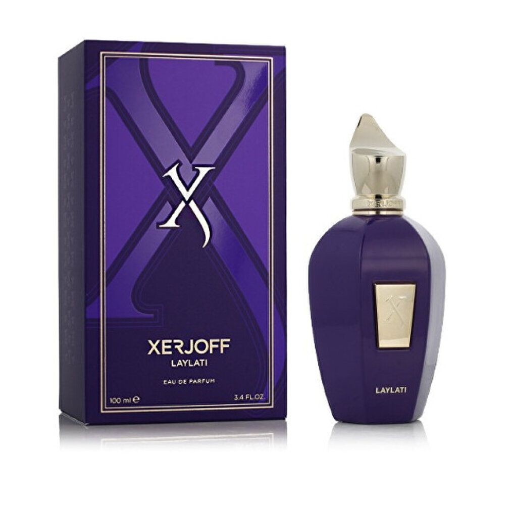 Lila Flakon und Schachtel. Goldener Deckel. Schwarzes X-Logo. Text: XERJOFF LAYLATI Eau de Parfum. 100 ml.