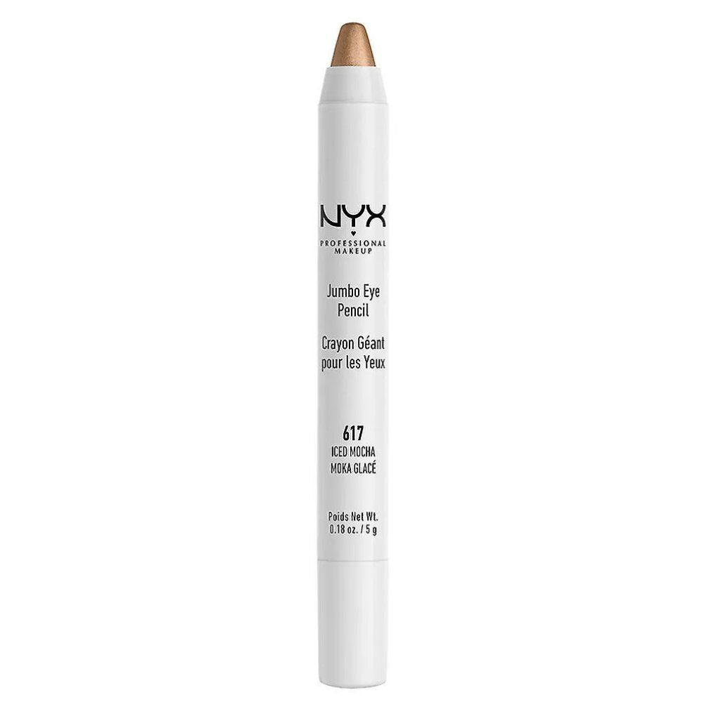 Weißer Jumbo-Augenstift mit goldfarbener Spitze. Text: NYX Professional Makeup, Jumbo Eye Pencil, 617 Iced Mocha Glace.