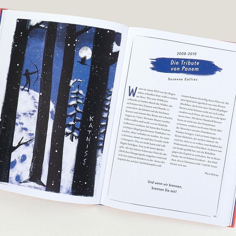 Buchseite mit Illustration und Text. Titel: Die Tribute von Panem. Illustration: Waldszene. Text in deutscher Sprache.
