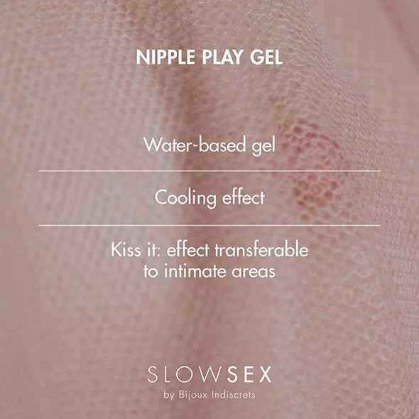 Text auf rosa Hintergrund: Nipple Play Gel, Water-based gel, Cooling effect, Kiss it: effect transferable to intimate areas, SLOW SEX.