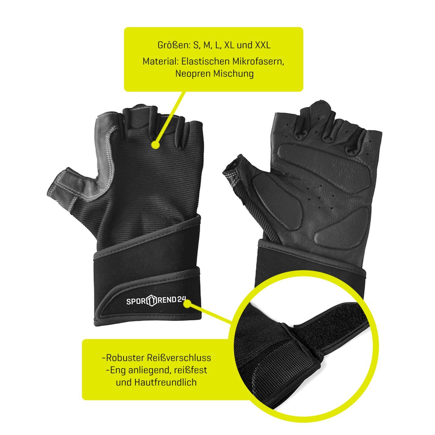 Schwarze Trainingshandschuhe mit Handgelenkstütze. Größenangaben und Materialhinweise. Klettverschluss.