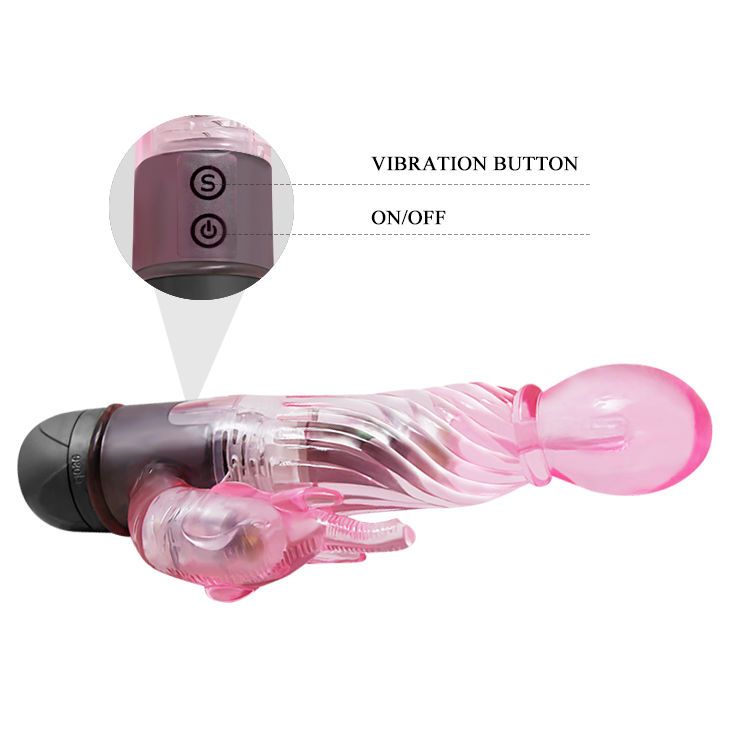 Rosa Vibrator mit spiralförmigem Schaft und Hasenohren-Design. Vibrationstaste und Ein/Aus-Taste.