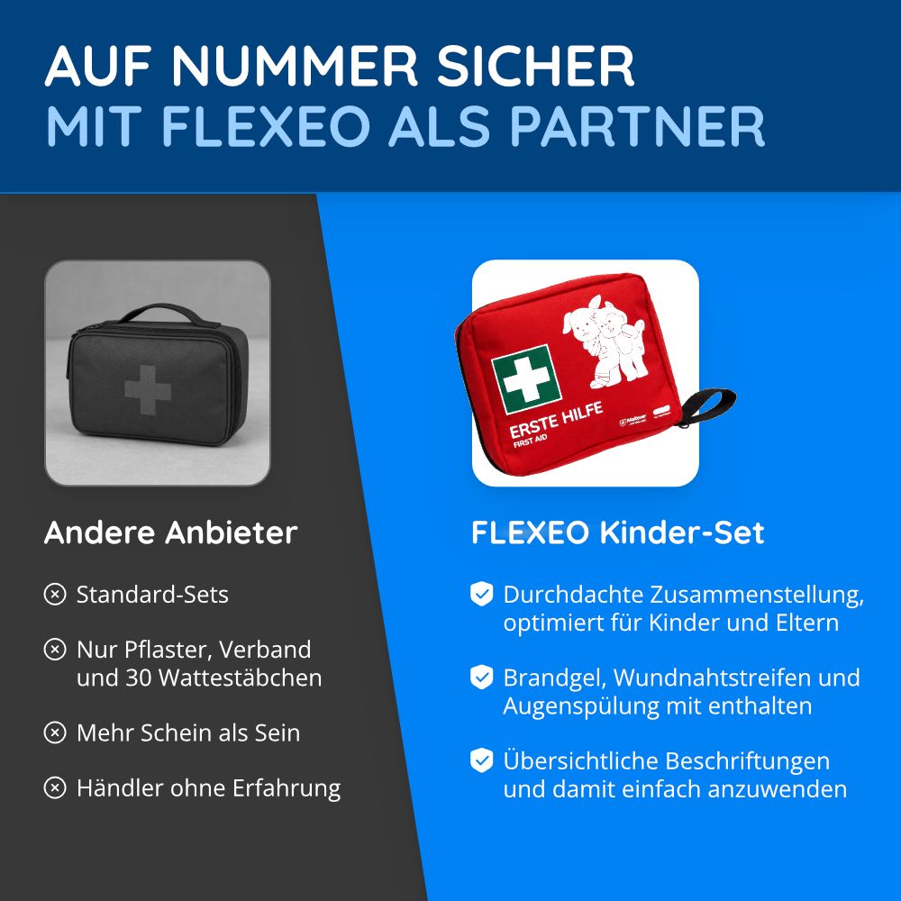 Vergleich: Schwarzes Erste-Hilfe-Set und rotes FLEXEO Kinder-Set. Text: Auf Nummer sicher mit FLEXEO als Partner. Vorteile des FLEXEO Sets.