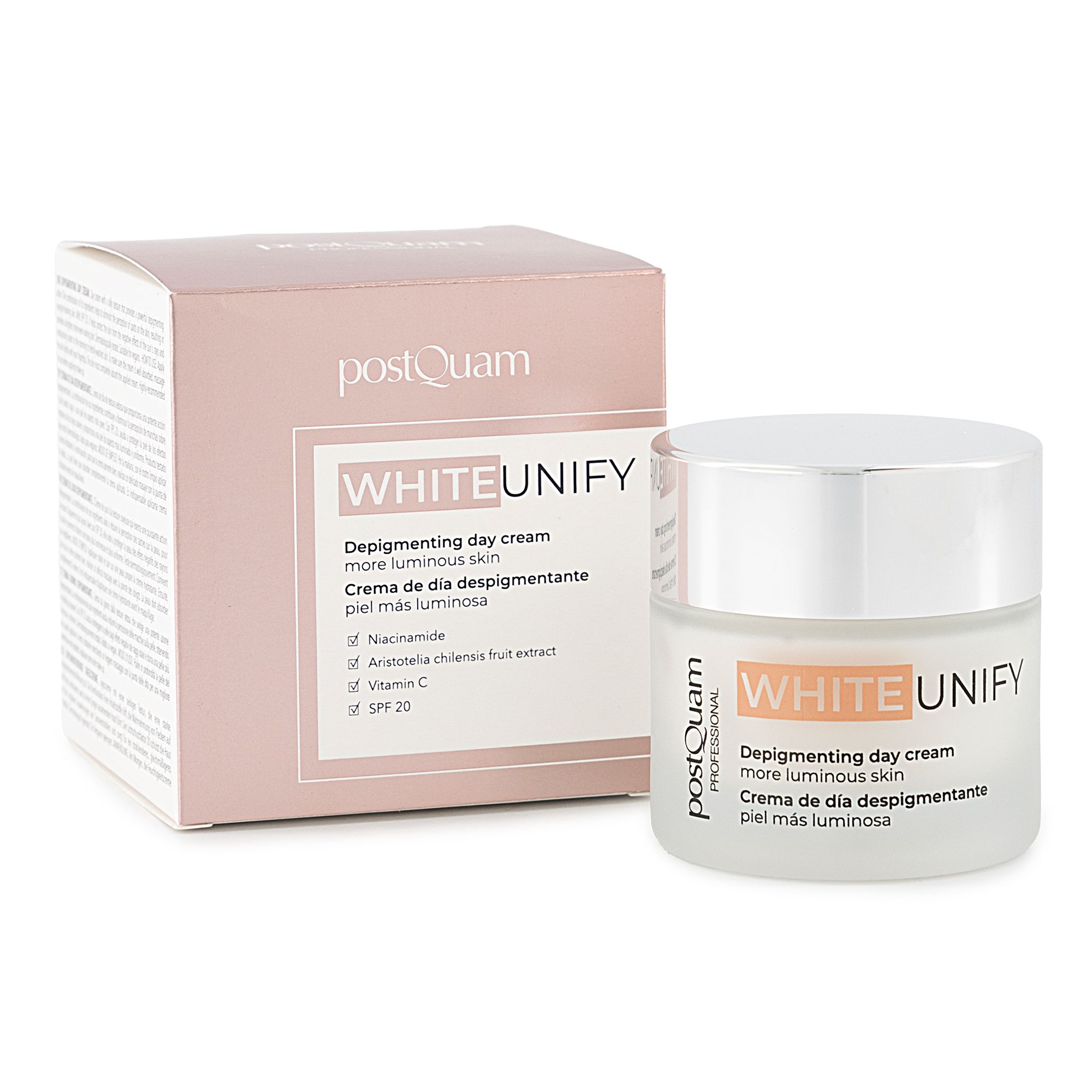 Creme-Tiegel und Karton. Aufschrift WHITE UNIFY, Depigmenting day cream, mehr leuchtende Haut. Marke Postquam.