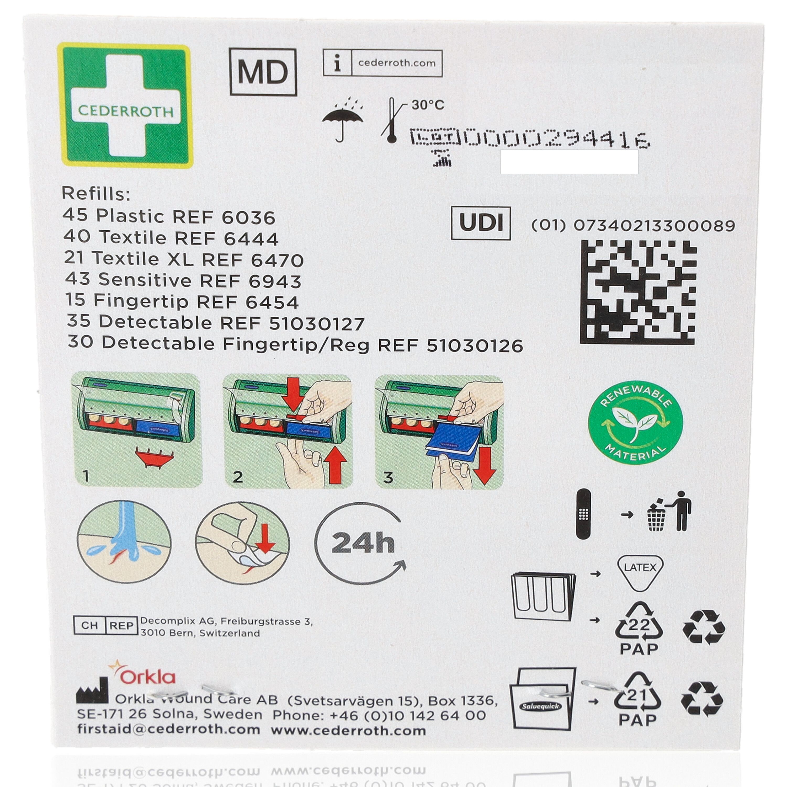 Rückseite einer Verpackung mit Informationen zu Salvequick-Pflastern. Enthält REF 6444, 40 Textilpflaster. Illustrationen.