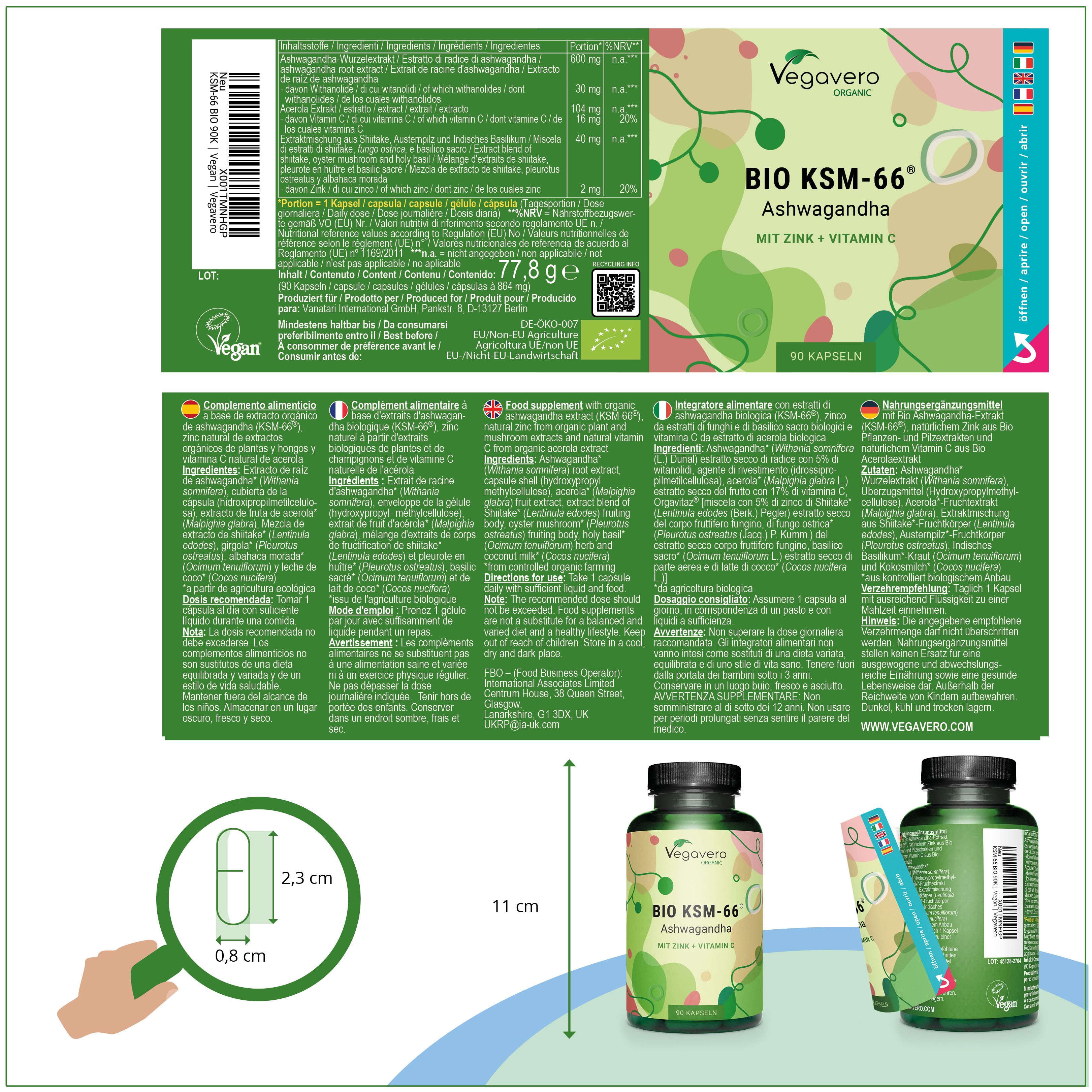 Verpackung mit Produktflasche und Etikett. Etikett mit Inhaltsstoffen und Zertifizierungen. Produkt: BIO KSM-66 Ashwagandha.