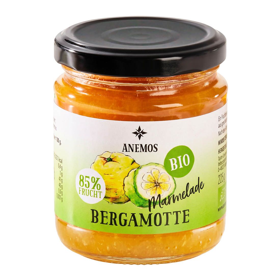 Glas mit Bergamotte-Marmelade. Etikett mit Logo, Schriftzug und Bio-Siegel. Schwarzer Deckel.