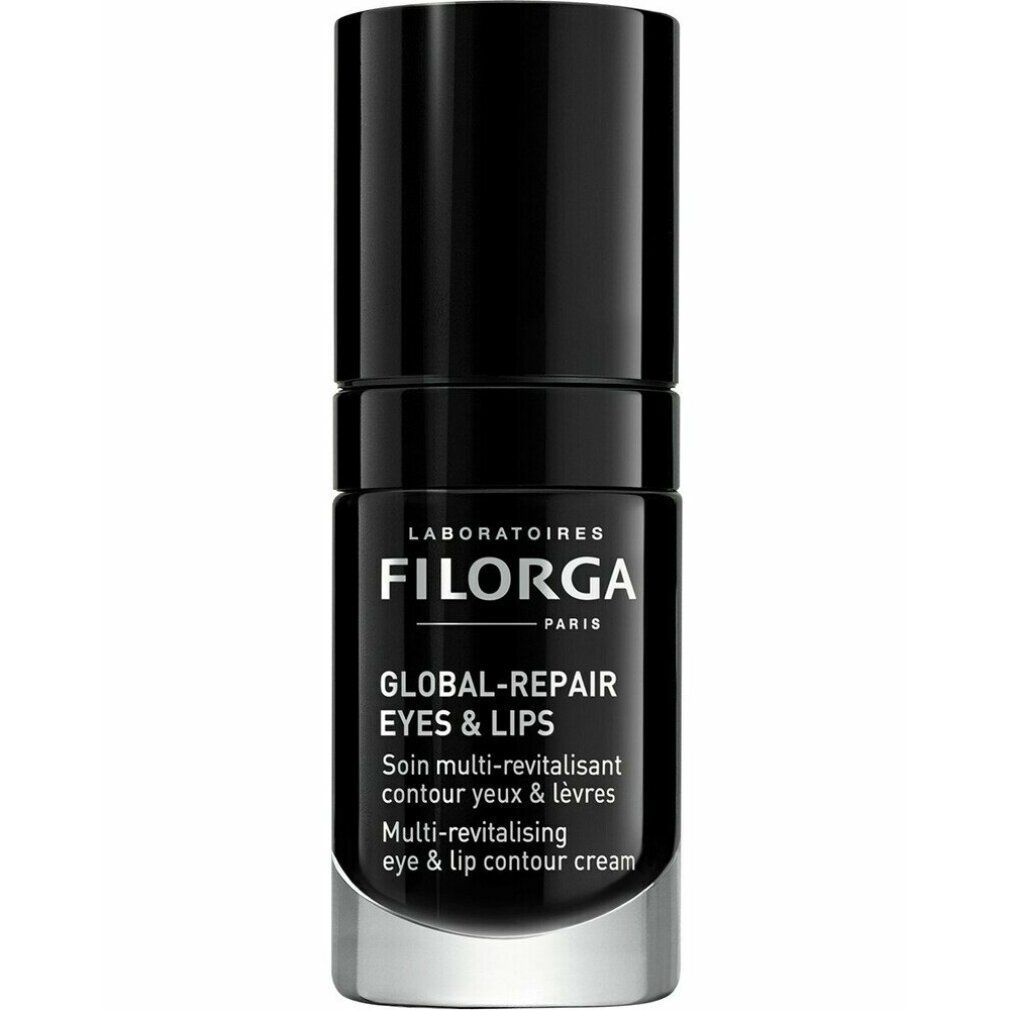 Schwarze Filorga Global-Repair Augen- und Lippencreme-Tube. Text: Global-Repair Eyes & Lips, Multi-revitalising eye & lip contour cream.