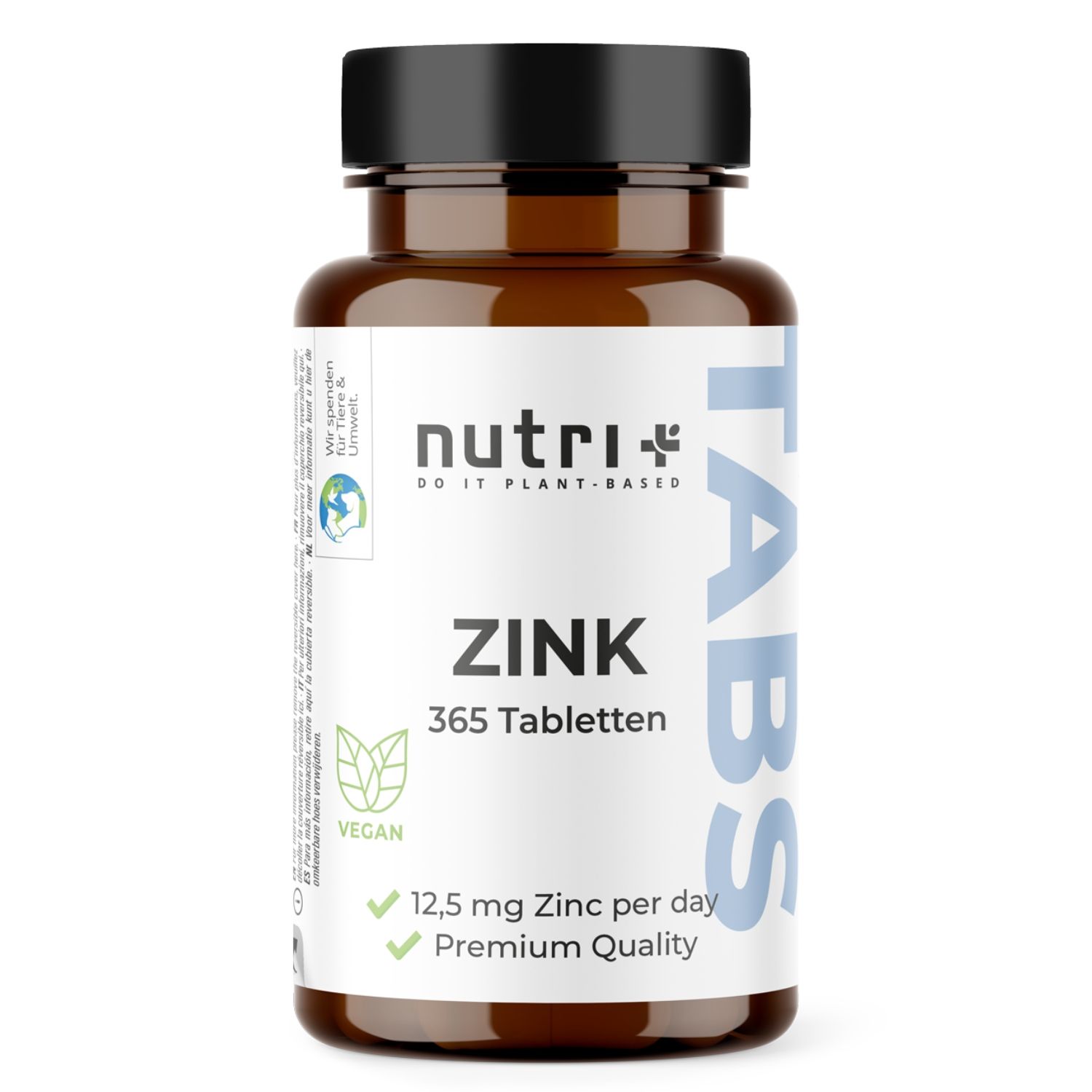 Braune Flasche mit nutri+ Zink Tabletten. Aufschrift: Zink, 365 Tabletten, 12,5 mg Zink pro Tag, Premium Qualität, vegan.
