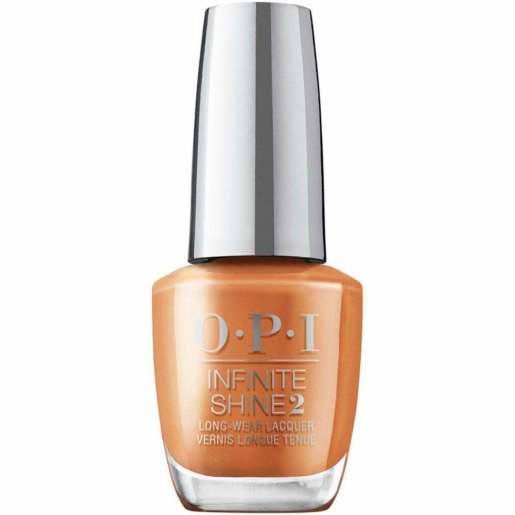 OPI Nagellacke Infinite Shine. Orangefarbener Lack in Glasflasche mit silbernem Deckel. Aufschrift: Infinite Shine 2.